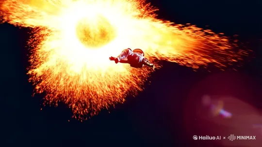 [Wide Tracking Shot, Solar Flare FX, Tilt-down]
A lone astronaut drifts toward a dying star, their suit reflecting the star’s violent, swirling surface as solar flares erupt in slow motion, casting golden light across the vast emptiness of space.

[Erratic Zoom-in, Helmet Reflection FX, Focus on Face]
The camera zooms in on the astronaut’s helmet, capturing the reflection of the star’s final moments—a chaotic dance of fire and light—while their eyes, wide with awe and sorrow, glisten with unshed tears.

[Pull-out, Slow Orbit, Depth of Field]
The camera pulls back, orbiting the astronaut as the star collapses into a supernova, its light dissolving into a galaxy of shimmering dust, symbolizing both an end and a beginning. by Hailuo AI Video Generator
