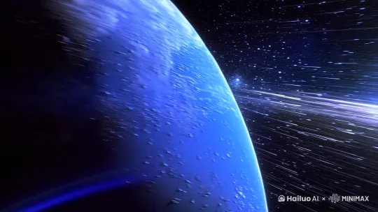 半面蓝色的地球在太空中缓慢的旋转，星光有远处飞向镜头[右移,左摇,跟随] by Hailuo AI Video Generator