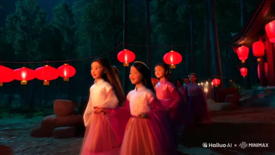 美女过年烟花鞭炮农村祠堂夜晚树林 by Hailuo AI Video Generator