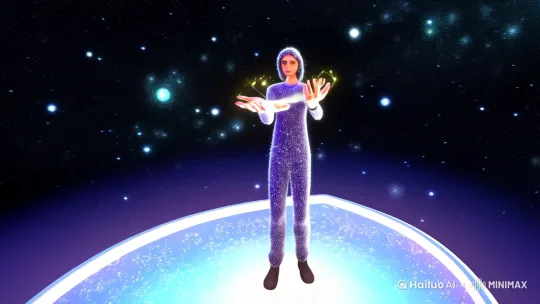 [Wide Shot, Celestial FX, Pan Right]
A figure cloaked in stardust stands on a floating platform, their hands weaving threads of light into constellations that pulse and shimmer, each star a fragment of a forgotten memory.

[Erratic Zoom-in, Thread Texture FX, Depth of Field]
The camera zooms in on their hands, revealing the intricate, glowing threads that twist and knot, forming tiny galaxies within their palms, each one radiating a soft, ethereal hum.

[Orbit Shot, Quick Pull-out, Tilt-up]
The camera orbits the figure, then pulls back sharply, revealing an infinite void filled with their creations—constellations that stretch into the shape of a human face, symbolizing the cosmos as a reflection of the self. by Hailuo AI Video Generator