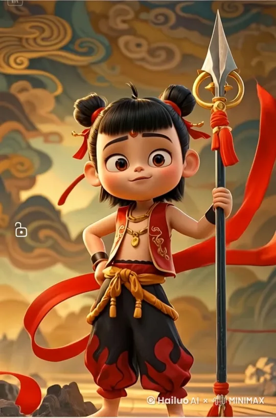 哪吒在天宫上架着祥云，飞驰，手握长毛，紧紧盯着前方， by Hailuo AI Video Generator
