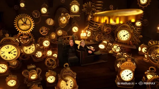 [Wide Shot, Clockwork FX, Pan Right]
An elderly clockmaker sits in a dimly lit workshop, surrounded by ticking clocks of all sizes, their hands spinning wildly as golden gears and springs float in the air, defying gravity.

[Erratic Zoom-in, Gear Texture FX, Depth of Field]
The camera zooms in on a single, spinning gear, its edges glowing faintly as it hovers, revealing intricate engravings of forgotten memories—faces, places, and moments frozen in time.

[Orbit Shot, Quick Pull-out, Over the Shoulder]
The camera orbits the clockmaker, then pulls back over their shoulder, revealing a massive, broken clock face on the wall, its hands frozen at midnight, symbolizing the end of their life’s work—and time itself. by Hailuo AI Video Generator