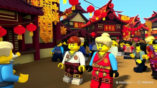 用乐高为人物，创作一部作品

以过年为背景，描述一条村庄在春节期间欢聚一起，洋溢着团圆的喜悦，村庄布置满春节的装饰 by Hailuo AI Video Generator