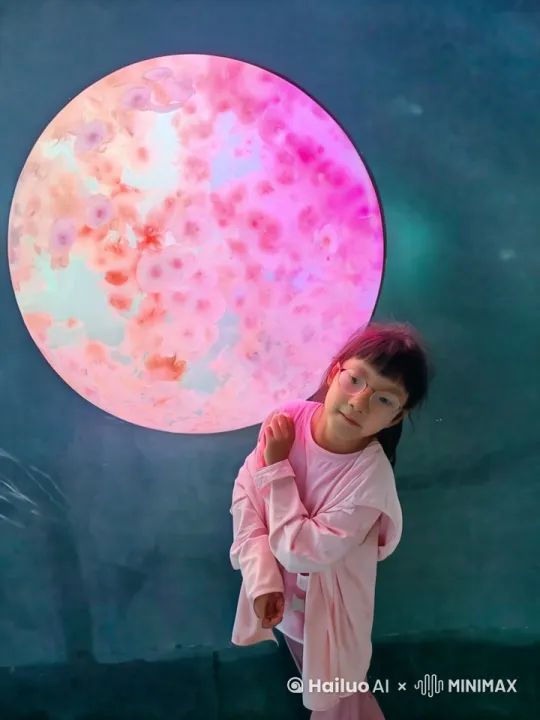 小女孩飞着把星球送到遥远的太空深处，星球螺旋飞去，小女孩留在太空目送它远去，心中依依不舍，双手合十祝她的朋友一路走好 by Hailuo AI Video Generator