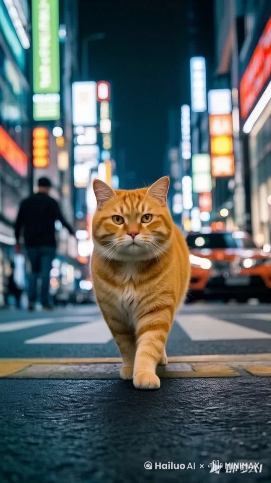 胖橘猫在街上巡视，镜头有远到近 by Hailuo AI Video Generator