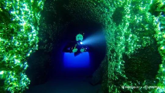 [Wide Shot, Underwater Cavern FX, Tilt-down]
A diver swims through an underwater cavern, their flashlight cutting through the dark water to reveal walls covered in glowing, bioluminescent algae that pulse in rhythm with the distant hum of a whale song.

[Erratic Zoom-in, Algae Texture FX, Focus on Face]
The camera zooms in on the diver’s face, their eyes wide with wonder as the algae’s glow intensifies, casting shifting patterns of light and shadow that seem to dance to the haunting melody of the whales.

[Pull-out, Slow Orbit, Depth of Field]
The camera pulls back, orbiting the diver as they reach the cavern’s exit, revealing a vast, open ocean illuminated by thousands of glowing jellyfish, their movements synchronized like a cosmic ballet. by Hailuo AI Video Generator