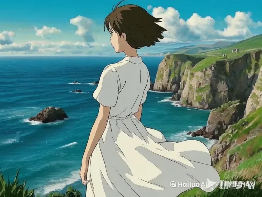 微风拂面，海浪拍打着海岸，穿着白色长裙的女孩，长裙随风飘摇，头发也被风吹乱 by Hailuo AI Video Generator