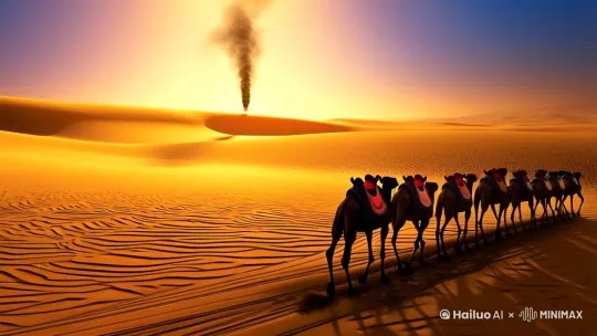 "15-second cinematic masterpiece, ultra HD 8K, unreal engine 5,
Opening shot: Vast desert with solitary smoke pillar rising, dramatic golden sunset lighting, sand dunes with intricate wind patterns
Ancient Silk Road caravan: 8-camel train with ornate saddles, slow-motion close-up of swinging bells, fabric drapes fluttering in wind
Sweeping aerial shot over Yardang landforms: Wind-sculpted sandstone formations resembling ancient castles, sharp shadows enhancing textures
Transition to Danxia topography: Vibrant red and orange stratified cliffs under twilight, surreal glow from refracted sunlight
Final sequence: Wide-angle river bend reflecting molten-gold sunset, drone ascending to reveal endless desert merging with crimson horizon
Cinematic color grading: Rich amber tones, high contrast between warm highlights and cool shadows, fine sand particle effects
Sound design note: Distant echoing bells, subtle wind howls (text annotation for audio guidance)
Epic scale composition with dynamic camera movements, realistic cloth/sand simulation, volumetric light rays" by Hailuo AI Video Generator