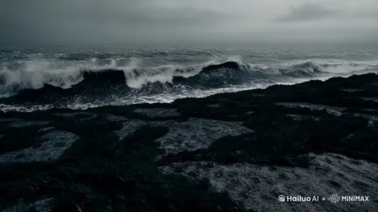 一片被污染的黑色海，海面波涛汹涌，海底的黑色泥沙被海浪卷起，海里长满黑色的海藻，灰朦朦的天空，一女子站在海岸的礁石上 by Hailuo AI Video Generator