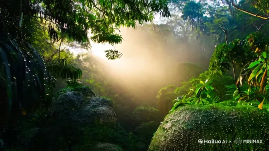 清晨薄雾中的热带雨林，写实纪录片风格，无人机俯冲镜头展现树冠层到林地的过渡，阳光透过雾气形成丁达尔效应，彩色金刚鹦鹉群惊飞，4K 60fps，自然环绕声，浅景深微距特写叶片露珠 by Hailuo AI Video Generator