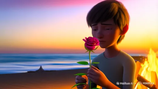 一个男孩傍晚坐在海边，升着一堆篝火，在失恋的状态下含情脉脉的看着手里的玫瑰，17秒左右的视频 by Hailuo AI Video Generator