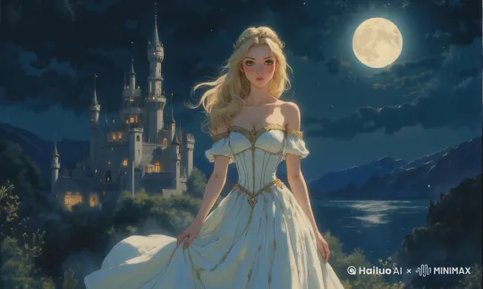 The image is a digital illustration of Snow White standing gracefully in front of an enchanted castle at night. She wears a flowing white gown with gold embroidery that glows softly. Her long, golden hair cascades down her back, shimmering in the moonlight. A delicate tiara rests on her head. The castle behind her is lit with soft blue light, and the night sky features a bright moon casting a gentle glow. The background includes a shimmering lake and distant mountains. The scene feels magical and dreamlike. by Hailuo AI Video Generator