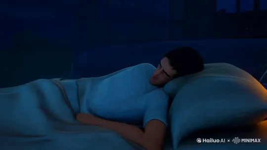 小伙夜晚睡觉，床前突然出现强光[推进,上升][推进,上升]，财神爷浮现出来[左移,右摇,跟随]，手持金元宝和如意[右移,左摇,跟随] by Hailuo AI Video Generator