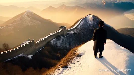 1. "雪山覆盖的山脉，长城蜿蜒其中，晨光初现，云雾缭绕。"
2. "人物背影站在高山之巅，远眺祖国的大好河山。"
3. "黄河奔流不息，波涛汹涌，象征中华民族的生生不息。"
4. "古代建筑群与现代城市天际线交相辉映。"
5. "书法字体'沁园春·雪'在金色阳光下熠熠生辉。"
6. "飘扬的红旗在风中猎猎作响，背景是壮丽的日出。" by Hailuo AI Video Generator