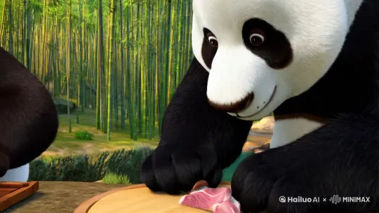 一只熊猫切肉，再炒锅里，炒好盛出 by Hailuo AI Video Generator