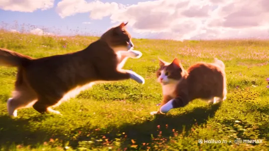两只猫咪在阳光明媚的草地上嬉戏打闹。它们互相追逐，扑打对方，然后翻滚在一起。背景是蓝天白云，微风轻拂，草地上点缀着几朵野花。猫咪们时而停下，警觉地观察四周，然后又继续玩耍。整个场景充满了活力和趣味性。 by Hailuo AI Video Generator