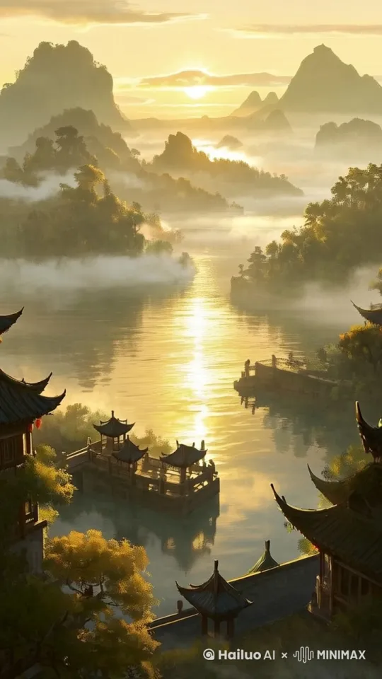 微风吹动，波光粼粼，云雾升腾。慢推镜头，同时缓慢将镜头上摇。 by Hailuo AI Video Generator