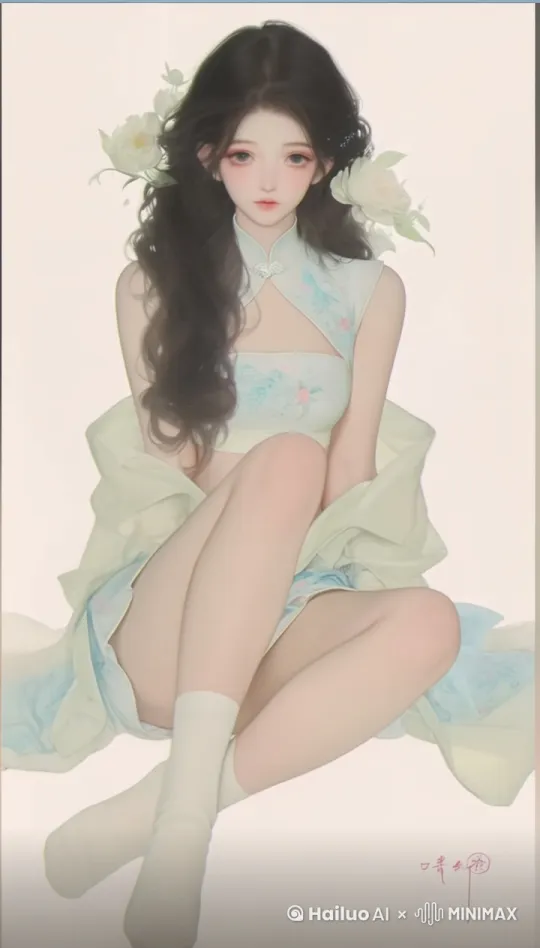 人物站起后向镜头走来，双臂背在身后微微俯身看着镜头，推拉镜头由远及近，先展示全身，最后特写女孩双腿。 by Hailuo AI Video Generator