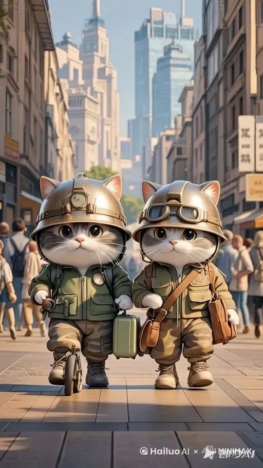 以下为您生成三段不同风格的描述词：
 
风格一：坚毅勇敢风
 
在洒满晨曦的道路上，两个猫咪并肩而行。它们身穿着迷彩服，那布料的纹理仿佛诉说着坚韧与不屈。头戴的钢盔闪耀着金属的冷光，宛如战士的荣耀勋章。沉重的行李包压在它们背上，却压不弯那笔直的脊梁；手中拉着的皮箱，滚轮在地面发出坚定的声响。它们手挽着手，步伐整齐而有力，眼神中透露出对未来的憧憬和毫不退缩的决心。阳光洒在它们身上，勾勒出勇敢的轮廓，它们就这样义无反顾地走在打工的漫漫征途中。
 
风格二：乐观积极风
 
大道之上，两个猫咪的身影格外引人注目。那身迷彩服是它们的战衣，充满了活力与希望的色彩。头上的钢盔在阳光下熠熠生辉，像是为梦想加冕。行李包和皮箱虽然沉重，但它们的脚步却轻盈欢快。手挽手的它们，脸上洋溢着灿烂的笑容，眼中闪烁着乐观的光芒。微风轻拂着它们的毛发，仿佛在为它们加油鼓劲。一路上，它们相互陪伴，相互鼓励，怀揣着对美好生活的向往，欢快地走在这充满挑战的打工之路上。
 
风格三：温馨励志风
 
在蜿蜒的道路上，两个猫咪携手前行。迷彩服的纹路如同岁月的痕迹，记录着它们的决心。钢盔下，那坚定的目光让人动容。背着的行李包是责任的象征，拉着的皮箱装满了对未来的期待。它们紧紧相挽的手，传递着温暖与力量。每一步都踏得坚实而有力，每一个眼神都充满了信任。哪怕前路艰辛，它们也无所畏惧，就这样温馨而励志地走在追逐梦想、打工拼搏的道路上。 by Hailuo AI Video Generator