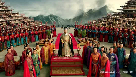 "泰山之巅,封禅大典进行得如火如荼,镜头缓缓推进,展现出一幅宏大的历史画卷。身穿华丽古装的皇帝站在祭坛之上,表情庄重而威严,四周环绕着恭敬的文武百官,他们的服饰色彩斑斓,细节精致。鼓乐齐鸣,音浪如潮,但在这一派盛世景象之下,隐藏着一股不易察觉的紧张气氛。远处山峦间,几抹不明身份的人影悄然移动,似乎预示着即将发生的变故。画面采用中国传统工笔画风格,细腻描绘每一个角色的表情与服饰,同时运用电影级镜头运镜,从远景逐渐拉近至中景,聚焦于皇帝与神秘人影,营造出一种史诗般的叙事感。" by Hailuo AI Video Generator