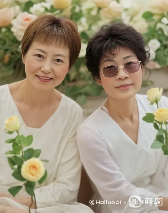 画中两位女性，宛若春日里最娇艳的花朵，身着洁白如云的衣裳，轻盈飘逸，与背景中盛开的黄色玫瑰相互映衬，构成了一幅动人心魄的美景。她们手中各持一枝柔软细腻的黄色玫瑰，花瓣轻轻摇曳，散发出淡淡的香气，如同她们内心的纯净与美好，让人沉醉不已。 by Hailuo AI Video Generator