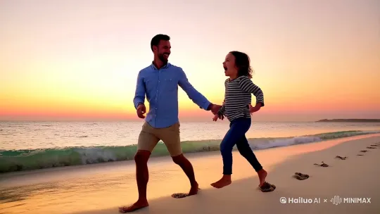 一个可爱的爸爸带着一个可爱的孩子我们一起在一个沙滩上我们一起玩玩的很开心玩的很快乐玩的很有那一种亲情感同时记得配上美妙的音乐哦。 by Hailuo AI Video Generator