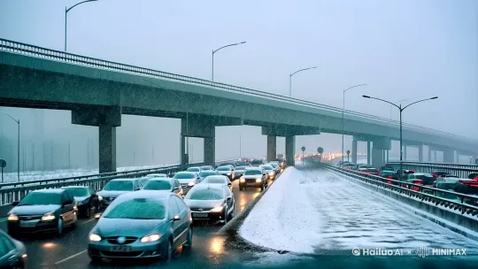 雪天长春市高架桥堵车 by Hailuo AI Video Generator