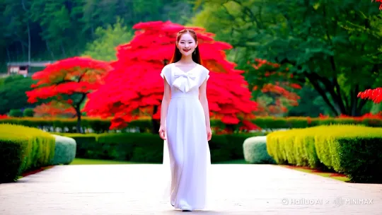 一个165cm 130斤皮肤白皙的真人26岁中国女孩子穿着白色蝴蝶结礼服微笑向我径直走来，她的腿很长，笑不漏齿，背景为红色大观园背景！ by Hailuo AI Video Generator