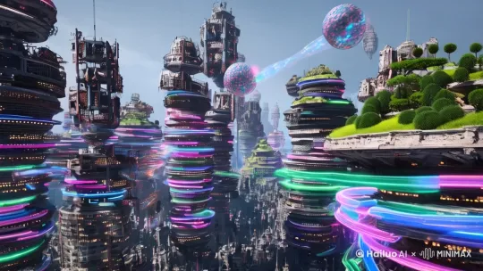 时空架构】量子叠层都市「新长安」
- **垂直悖论**：城市由17个量子纠缠的垂直层构成，底层居民生活在公元2150年的赛博贫民窟，顶层却漂浮着北宋汴京风格的空中园林（实际是2298年的时空褶皱）
- **天空血管**：反重力管道中流淌着液态数据，霓虹色的纳米机器人像血小板般穿梭修补网络创伤
- **昼夜法则**：人造太阳「烛阴」每8小时切换光谱，紫光时段所有AI会集体背诵《楚辞》 by Hailuo AI Video Generator