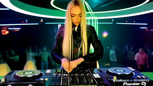 A DJ girl is playing a disc by Hailuo AI Video Generator