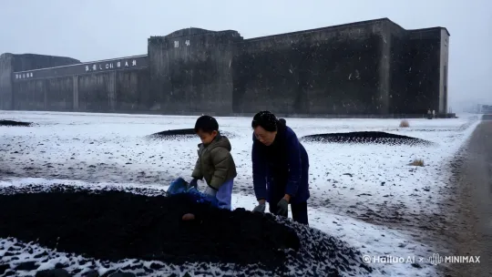 --
记忆里的雪总是下得悄无声息。那年腊月海龙煤厂停工时，我跟着母亲去煤厂边上捡煤核，雪粒子扑簌簌地往衣领里钻，倒像揣着只活蹦乱跳的麻雀。

炼焦厂围墙外堆着黑黢黢的煤灰渣，雪一盖便成了连绵的矮丘。母亲教我认那些未燃透的煤核，它们蜷在灰堆里像黑曜石的碎片，被雪水润得发亮。我蹲在雪窝子里扒拉，手套早被煤灰染成墨色，指尖却触到团温热的硬块——比元宵大些，圆溜溜裹着层焦壳。

"快走！"母亲突然拽我衣角。看门人裹着军大衣的影子从煤厂西门晃过来，雪地上脚印深得像犁沟。我慌忙把煤核塞进手套芯，冰碴子刺得掌纹发麻。母亲却慢悠悠直起腰，把空竹篓往雪里一扣，倒像在晒新收的苞米。

我们沿着四中北门的土道往回走，雪没到小腿肚。那年头柏油路还金贵，冻土裂开的缝里钻出枯草茎，挂着冰凌当琉璃耳坠。母亲忽然轻笑："刚那煤核攥手里像揣着个热包子吧？"我摊开手掌，黑煤块在雪光里泛着蓝，倒比兜里的水果糖还亮堂。

后山蝈蝈笼在风里打转，铁丝网上的冰晶簌簌落进脖颈。母亲把煤核埋进灶膛时，我看见她睫毛上沾着煤灰，倒像画本子里的雪娘子描了黛眉。二十年后再路过梅湖，炼焦厂的烟囱早拆了，唯余雪地上几粒煤渣，在夕阳里闪着童年才有的微光。
 by Hailuo AI Video Generator