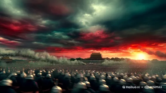 彤云密布，残阳如血。
天际下一座巍峨的宫城中烟火弥漫，杀声震天。
从空中俯瞰下去，密密麻麻的披甲兵士如同蚂蚁般从四面八方汇集，向宫城的中心涌去。王家卫导演。[左移,上升] by Hailuo AI Video Generator