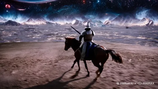 在星际战场中，关羽挥舞大刀骑着战马大战忍者 by Hailuo AI Video Generator