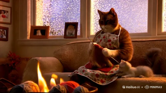在寒冷的冬天，窗户上布满了冰花，这是
一间温馨无比的猫咪的家，屋内弥漫着温暖的气息。猫咪妈妈穿着小花围裙，安静地坐在窗边柔软的沙发上，她的面前放着一团五彩的毛线，她那灵巧的爪子熟练地摆弄着针织棒，一针一线地编织着毛衣，眼神中充满了慈爱和专注。猫咪小宝贝乖巧地依偎在妈妈身旁，眼睛一眨不眨地盯着妈妈手中的毛衣，眼神里充满了好奇和期待。它的小爪子偶尔会轻轻地触碰一下毛线球，屋内的壁炉里，火焰欢快地跳跃着，散发出的橙红色光芒映照着猫咪们的身
影，让整个房间显得更加温暖而舒适。墙上挂着一幅幅猫咪家族的照片，记录着幸福的瞬间，窗户上结着一层美丽的冰花 by Hailuo AI Video Generator