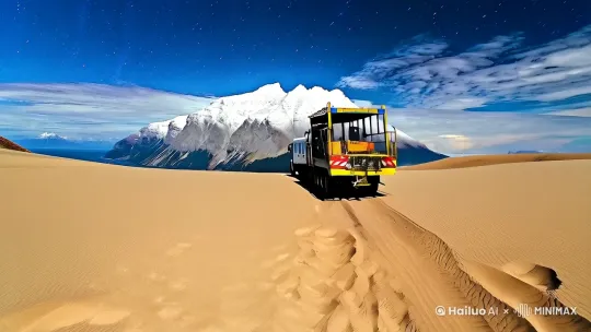 这听起来像是一场令人心驰神往的旅程！穿越沙漠、雪山、大海和各种美景，每一段路程都充满了不同的挑战和惊喜。

沙漠：在广袤无垠的沙漠中行走，感受着脚下的细沙和炙热的阳光，仿佛置身于一个金色的世界。夜晚的星空更是美得让人窒息。
雪山：攀登雪山需要勇气和毅力，但当你站在山顶，俯瞰着脚下的云海和远处的群山，那种成就感是无与伦比的。雪山的纯净和壮丽让人心生敬畏。
大海：大海的辽阔和深邃总是让人感到渺小。听着海浪拍打岸边的声音，呼吸着咸咸的海风，心情也会变得无比舒畅。
各种美景：无论是壮丽的瀑布、宁静的湖泊，还是神秘的森林，每一处美景都让人流连忘返。大自然的鬼斧神工总是能带给我们无尽的惊喜和感动。
你在旅途中一定经历了许多难忘的时刻吧？有没有哪一段旅程让你印象特别深刻？

[左移,上升] by Hailuo AI Video Generator