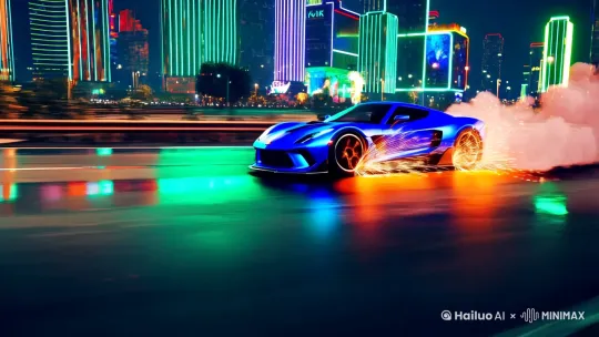 `Cyberpunk night, neon blue sports car drifting at crossroads, tire sparks flying, smoke trails, wet asphalt reflecting neon lights, cinematic lighting, dynamic angle from ground level, ultra-detailed 8K, trending on ArtStation, depth of field --ar 9:16 --v 6.0` by Hailuo AI Video Generator