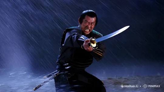 一个带刀的武士，双手紧握刀柄，刀面闪着寒光，武士面露冷酷，怒发冲冠，在雨夜的野外狂奔，天空中电闪雷鸣，倾盆大雨，地面上溅起水花。镜头［左移，右移，拉长，拉短，面部特写］ by Hailuo AI Video Generator