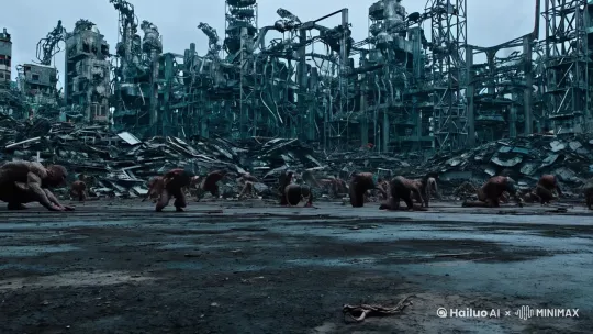 背景：中国一线城市，生化末日废墟，在丧尸和怪兽横行的钢铁森林中，一辆汽车飞驰而过，躲避怪兽和丧尸的追捕，穿插丧尸利爪攻击和怪兽撕咬的特写，汽车急速逃生时尘土飞扬。[跟随] by Hailuo AI Video Generator