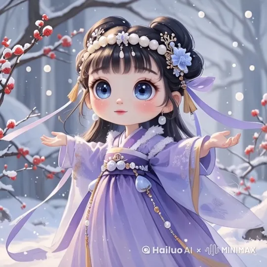 小女孩在雪中起舞，微笑着看着你 by Hailuo AI Video Generator