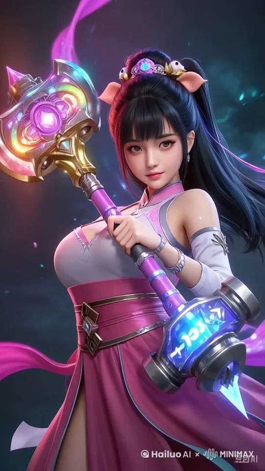 飞起来，挥动手中的武器，武器射出七彩的光 by Hailuo AI Video Generator