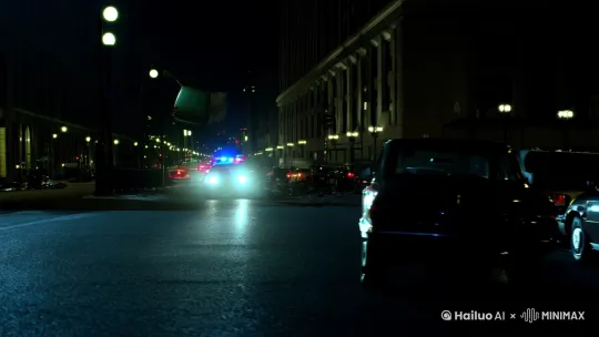 在漆黑的夜晚，一辆警车追逐一辆面包车疾驰在城市的街道上，期间发生了几次碰撞 by Hailuo AI Video Generator