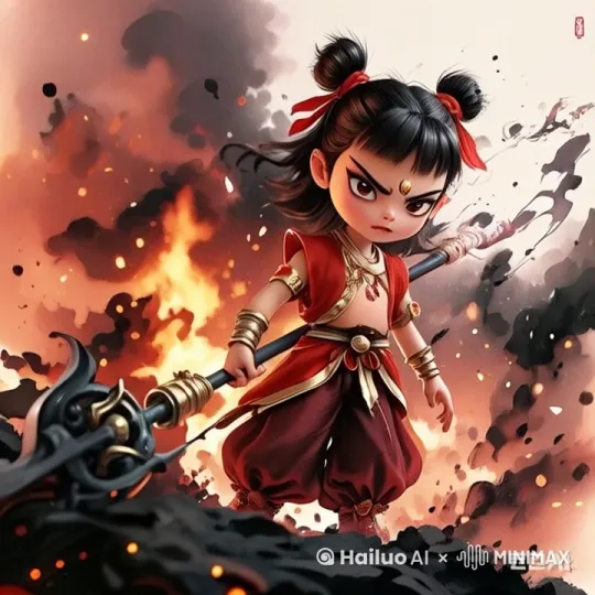 背景从近到远，镜头控制从左到右，保持主体始终位于视频框架内，主体黑发飘飘，表情愤怒，挥舞手中武器，指向苍天，一跃而起，脚踏风火轮，要求生成视频真实，不掉帧，超现实风格，电影级呈现效果，整个视频维持在15到20秒左右 by Hailuo AI Video Generator