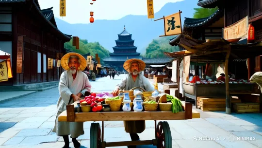 **视频标题：** 唐朝市井风情：老商贩的日常

**场景描述：**
- **时间背景：** 唐朝盛世，清晨的阳光洒在繁华的街道上，市集刚刚开始热闹起来。
- **地点背景：** 长安城的一条主要街道，两旁是古色古香的木质建筑，挂满了各式各样的招牌和灯笼。街道上铺着青石板，行人络绎不绝。
- **人物：** 一位年过六旬的老人，身穿朴素的麻布衣裳，头戴斗笠，脸上布满皱纹但眼神炯炯有神。他推着一辆木质手推车，车上摆满了各种货物。
- **货物：** 手推车上摆满了各式各样的商品，包括手工编织的竹篮、精美的陶瓷器皿、色彩鲜艳的丝绸布料、新鲜的果蔬、以及一些小巧的木质玩具。
- **环境细节：** 街道两旁的小贩们也在忙碌地摆摊，叫卖声此起彼伏。远处可以看到一座宏伟的寺庙，钟声悠扬。街道上还有几匹马和骆驼，驮着货物缓缓走过。
- **氛围：** 市集充满了生机与活力，空气中弥漫着各种食物的香味，偶尔还能听到街头艺人的笛声和鼓声。

**镜头语言：**
1. **开场镜头：** 从远处慢慢拉近，展示整个街道的繁华景象，最后聚焦在老人的手推车上。
2. **特写镜头：** 老人的手在整理货物，展示他粗糙但灵巧的手指。
3. **中景镜头：** 老人与几位顾客交谈，展示他热情的笑容和熟练的推销技巧。
4. **全景镜头：** 展示整个市集的热闹场景，老人只是其中的一部分，但却是画面的焦点。
5. **结尾镜头：** 夕阳西下，老人收拾货物准备回家，镜头慢慢拉远，展示整个街道在夕阳下的美丽景色。

**音效：**
- 市集的嘈杂声，包括叫卖声、交谈声、马蹄声等。
- 背景音乐：悠扬的古筝或笛子音乐，增添古典氛围。

**字幕：**
- 开场字幕：“唐朝盛世，市井风情。”
- 结尾字幕：“平凡中的伟大，老商贩的日常。”

**色彩风格：**
- 整体色调温暖，以黄色、橙色和棕色为主，突出唐朝的繁华与古朴。

**情感基调：**
- 温馨、怀旧、充满生活气息，展现唐朝市井生活的真实与美好。 by Hailuo AI Video Generator