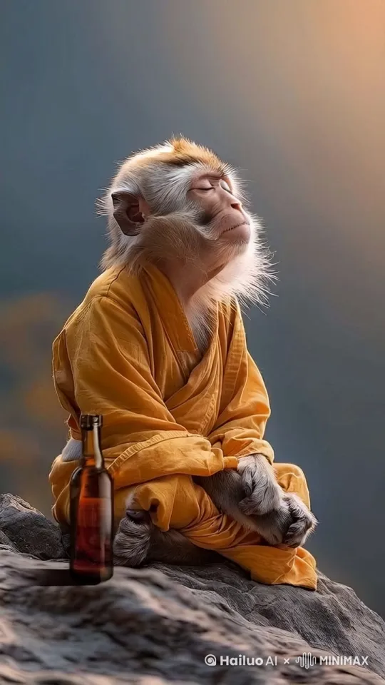 微风轻轻吹动身上的毛发，脸上的毛发在风中轻轻不停地飘拂着，身上的衣服也在风中吹动轻微有动感，头轻轻转过右边一点点，略微睁开眼睛一条缝瞄一眼，右手轻轻抓起酒瓶放嘴边用力喝了一只并吞下，有吞咽动作和腹部衣服有动感，再放下瓶子，然后恢复初前动作，再任风吹动毛发。 by Hailuo AI Video Generator