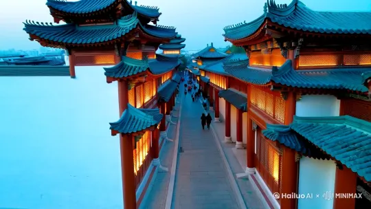 拈花湾  中景镜头 

拍摄方式:无人机府伯

运镜: 沿街道缓缓推进
速度: 中等速度，略带缓慢
画面:
镜头沿着拈花湾的街道缓缓推进，从街道的一端移动到另一端。
捕捉唐风宋韵建筑的细节，如飞檐斗拱、雕花窗棂等，展现建筑的精美与独特。
镜头稍微拉近，捕捉到灯光与建筑细节的互动，如灯光透过窗棂洒下的光影变化。
偶尔捕捉到行人或游客，展现拈花湾的热闹与活力。
沿着街道缓缓前行，仿佛置身于一个梦幻的唐宋世界。灯火辉煌，建筑精美，每一处细节都散发着浓厚的文化气息。 by Hailuo AI Video Generator