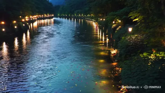 拈花湾 特写镜头 

拍摄方式:无人机府拍

运镜: 缓慢拉近
速度: 非常缓慢
画面:
镜头聚焦溪流，灯光映照在清澈的溪流上。
镜头缓慢拉近，展现溪流的清澈与灯光的倒影。
加入特写镜头，如花瓣或树叶漂浮在溪流上，灯光在水面上闪烁，营造出一种梦幻的效果。
溪流潺潺，灯光映照在清澈的水面上，仿佛一幅流动的画卷。每一滴水珠，都折射出拈花湾的宁静与美丽。 by Hailuo AI Video Generator