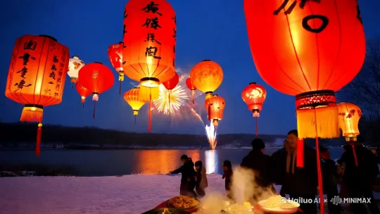 制作一个中国元素的元宵节视频，要有灯笼，烟花，热腾腾的元宵饭菜，还有家人小孩团圆的场景，要有雪景，配有喜庆的节日音乐配音。 by Hailuo AI Video Generator