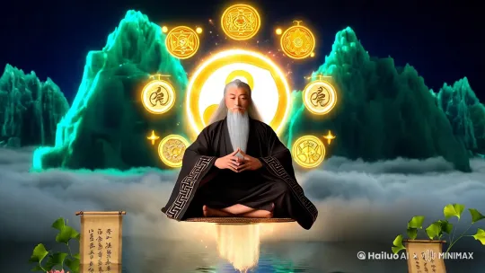 我将为你设计一个适合海螺AI视频生成的道长打坐构图方案，包含视觉元素分解与动态效果描述：

【核心构图要素】
1. 主体造型：
- 鹤发白须道长以九宫八卦盘坐姿悬浮于半空
- 身着阴阳鱼纹玄色道袍，袖口暗藏北斗七星纹
- 眉心太极印泛金光，周身环绕先天八卦虚影

2. 环境设定：
- 背景为三重悬空仙山，山体透出玉质光泽
- 近景漂浮《黄庭经》竹简残卷与青铜罗盘
- 地面水镜倒映星空，水面漂浮未开的青莲

3. 动态元素：
- 道袍下摆呈量子化粒子飘散效果
- 二十八星宿方位符咒环绕旋转
- 灵气流如银河旋涡向丹田位置聚集

【分层描述结构】（适配AI视频生成）
前景层：
- 飘落的银杏叶在接触地面时化作金色符文
- 青铜香炉升起篆烟凝成「炁」字

中景层：
- 道长周身3D太极球缓慢自转
- 悬浮的法剑投影出河图洛书图案

背景层：
- 水墨云雾中隐现蓬莱仙岛轮廓
- 日月同辉的天象随时间渐变转换

【动态参数建议】
1. 粒子特效：
- 灵气粒子（金色/银色）以每秒3000颗粒的密度螺旋上升
- 符咒文字每15秒完成一次周天运转循环

2. 光影变化：
- 环境光采用青城山晨雾色温（4500K）
- 角色轮廓光随呼吸频率明暗变化（周期8秒）

3. 运镜方案：
- 开场俯冲镜头穿过云层发现道长
- 中段环绕镜头展现八卦阵型
- 结尾升空镜头与仙鹤群共舞

【色彩编码】
- 主色系：玄青（#092B3D）月白（#F0F4FF）赭石（#964B00）
- 高光色：太乙真金（#FFD700）天青（#4CB7A5）
- 特效色：紫府雷光（#9D00FF）丹霞（#FF6B6B）

【分镜咒语提示】
可使用以下生成指令结构：
"Epic wide shot of immortal master meditating in floating celestial mountains, intricate Taoist symbols glowing around, hyper-detailed traditional Chinese painting style with photorealistic lighting, dynamic qi energy flow, 8k resolution --ar 16:9 --v 6.0"

建议在AI生成时加入以下参数：
--chaos 85 （增强神秘感）
--stylize 650 （强化水墨质感）
--niji 6 （适合仙侠风格）

此方案通过虚实相生、动静结合的东方美学设计，结合现代粒子特效技术，可呈现符合道家"大象无形"哲理的玄妙视觉体验。 by Hailuo AI Video Generator
