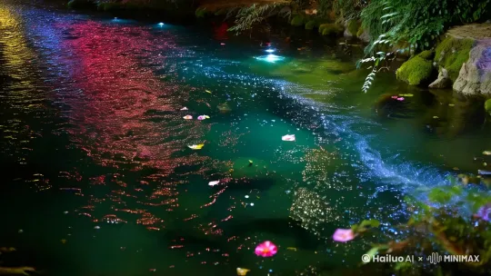拈花湾 特写镜头 

拍摄方式:无人机府拍

运镜: 缓慢拉近
速度: 非常缓慢
画面:
镜头聚焦溪流，灯光映照在清澈的溪流上。
镜头缓慢拉近，展现溪流的清澈与灯光的倒影。
加入特写镜头，如花瓣或树叶漂浮在溪流上，灯光在水面上闪烁，营造出一种梦幻的效果。
溪流潺潺，灯光映照在清澈的水面上，仿佛一幅流动的画卷。每一滴水珠，都折射出拈花湾的宁静与美丽。 by Hailuo AI Video Generator