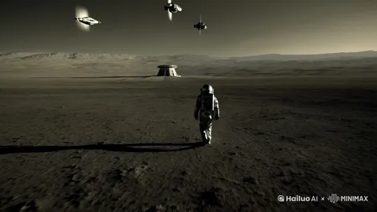 在外星球，一位宇航员孤单的走向基地，大地一片荒芜，天上悬挂着三颗昏暗的卫星。[推进,上升] by Hailuo AI Video Generator